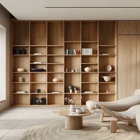 Japandi Bookshelf: Organizing with Style and Simplicity - Quiet Minimal Japandi Library, Japandi Bookshelf, Japandi Furniture, Japandi Interiors, Library Room, Living Room Loft, Wall Bookshelves, Home Libraries, Small Space Gardening