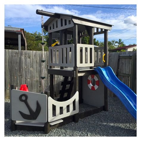 Fort Playground, Ship Playhouse, Pirate Ship Playhouse, Wooden Fort, Fort Ideas, Outdoor Playhouses, Outside Playhouse, Backyard Fort, Outdoor Kids Play Area