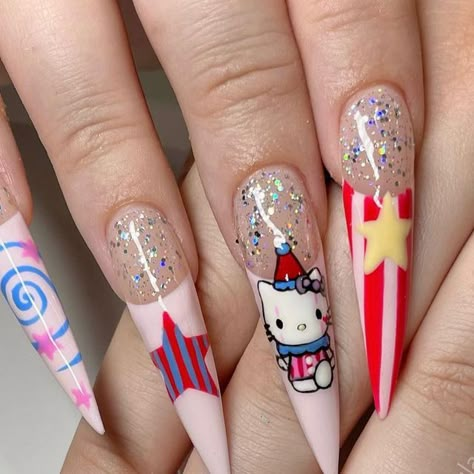 Nail Character Design, Circus Themed Nails, Tattoo Nails Designs, Pink Clown Nails, Circus Nails Designs, Clown Nails Designs, Candy Nails Designs, Clown Nail Art, Clown Nails