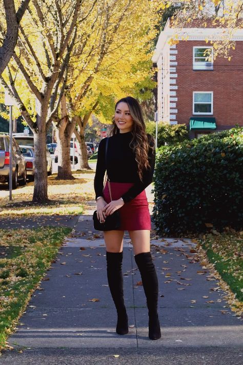 Jessica Ricks Rainy Season Fashion, Hapa Time, Jessica Ricks, High Boots Outfit, Burgundy Skirt, Black Mock Neck, Suede Mini Skirt, Fancy Dress Costumes, Mock Neck Sweater