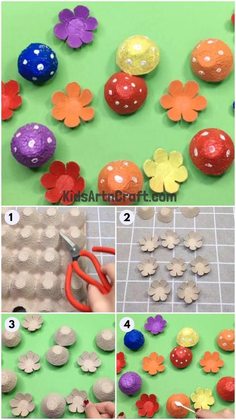 Recycled Egg Tray Mushroom & Flower Craft – Step by Step Tutorial Check more at https://www.kidsartncraft.com/recycled-egg-tray-mushroom-flower-craft/ Egg Tray Craft Diy, Junk Art Ideas, Egg Tray Craft, Drawing Hacks, How To Recycle, Egg Tray, Flower Craft, Junk Art, Craft Diy