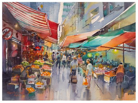 Fruit Market Memory Drawing, Local Market Drawing, Busy Market Scene Drawing, One Point Perspective Market Scene, Markets Illustration, Fruit Market Drawing, Hong Kong Market, Market Place Drawing, Watercolor Reference Photo