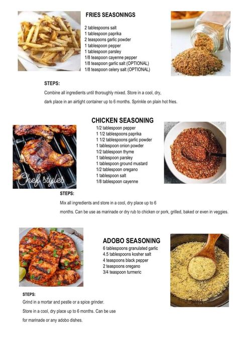 Spice Blends Recipes, Homemade Spice Mix, Culinary Cooking, Homemade Cookbook, Homemade Sauce Recipes, Meat Diet, Spice Mix Recipes, Homemade Spice Blends, Homemade Spices