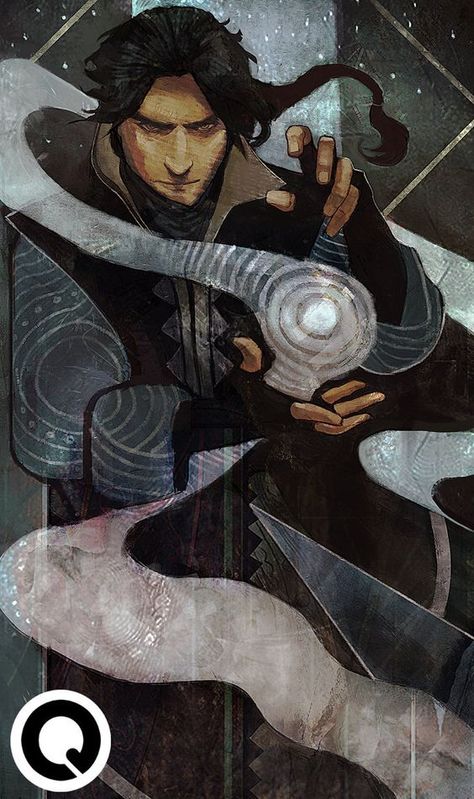 The Vizier, a magician and scholar. Mage Character Art, Dnd Tarot, Man With Knife, Dragon Age Tarot Cards, Blitz Design, The Magician Tarot, Heroic Fantasy, Male Character, Dnd Art