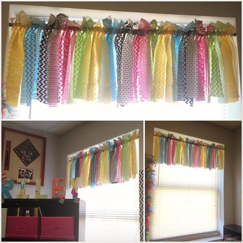 Diy Rainbow Curtains, Elementary Secretary, Curtains For Classroom, Rainbow Curtains, Kindergarten Classroom Decor, Fabric Curtains, Preschool Bulletin, Preschool Bulletin Boards, Ombre Fabric