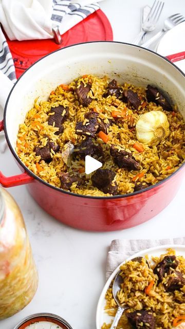 Feta Topalu on Instagram: "When I need a taste of home, I make plov! It’s an original Uzbek dish that has made its way around the globe and into our Russian home growing up. 🇷🇺

Plov varies from region to region. It’s traditionally made with lamb and cooked in a kazan (a very large cast iron pot) over a fire pit. I make my plov with chuck roast because that’s what my mom has always used.

This beef plov recipe has tender chunks of beef that are braised in a vegetable and spice broth, cooked all together with rice, making it the perfect one-pot meal the whole family will love!

Recipe on fettysfoodblog.com.

#plov #beefplov #beef #russianfood #russian" Uzbek Plov Recipe, Beef Plov, Plov Recipe, Russian Home, Love Recipe, Cast Iron Pot, Chuck Roast, Russian Recipes, Taste Of Home