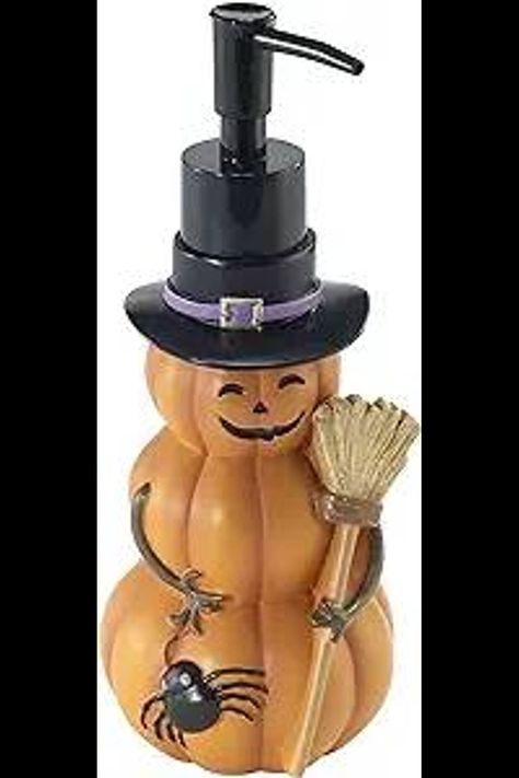 Triple Pumpkin soap dispenser/lotion pump is a twist on a holiday snowman--made out of pumpkins. Wearing a smile, a pilgrim hat, holding a broom with a friendly spider crawling on him, it's sure to make bath time fun time. Made of durable resin for years of use. #Pintrest #Halloween #Pumpkin #soapdispenser #indoorhalloween #halloweendecorations Spider Crawling, Pumpkin Lotion, Guest Bathroom Essentials, Halloween Bathroom Decor, Halloween Soap, Pumpkin Soap, Halloween Bathroom, Spooky Home Decor, Pilgrim Hat