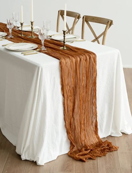 Table cloth, fall table cloth, thanksgiving dinner ideas, party table cloth. Fall Table Cloth Ideas, Thanksgiving Table Cloth Ideas, Dinner Ideas Party, Terracotta Table Runner, Fall Table Cloth, Light Brown Table, Bridal Shower Boho, Boho Table Decor, Fall Runner