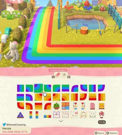 Acnh Rainbow Road, Anch Kidcore Codes, Animal Crossing Rainbow Path, Acne Island Ideas, Acnh Colorful Path, Acnh Rainbow Path, Kidcore Codes Acnh, Kid Core Animal Crossing, Acnh Kidcore Path