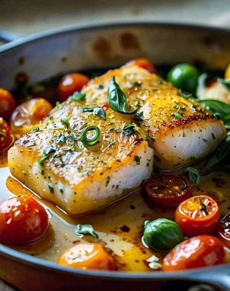 Easy Recipes | Pan-Seared Cod with White Wine Tomato Basil Sauce | Facebook Tomato Basil Sauce Recipe, White Wine Tomato Basil Sauce, Basil Sauce Recipe, Seared Cod, Cod Fillets, Tomato Basil Sauce, Basil Sauce, Recipe Ingredients, Pan Seared