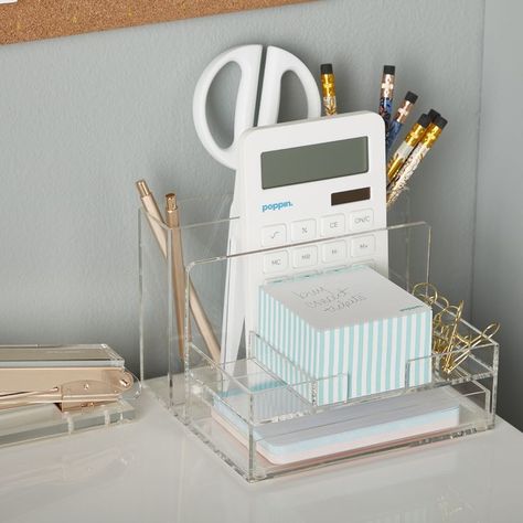 Acrylic desk accessories are an easy and stylish way to keep your work surface clear and organized. Lucite Desk Accessories, Acrylic Desk Accessories, Lucite Desk, Pretty Office Supplies, Space Organization, Acrylic Desk, College Diy, School Supplies Organization, Small Space Office