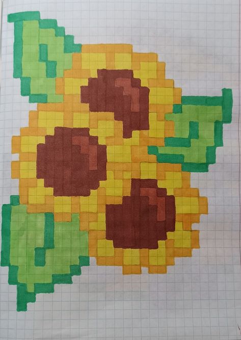 For this beautiful sunflower we need 46, 47, 91, 95, 37 and 33 colors. Sunflower Pixel Art, Graph Art, Sunflower Drawing, Minecraft Drawings, Graph Paper Drawings, Easy Pixel Art, Pixel Art Templates, Pixel Drawing, Diy Yarn Crafts