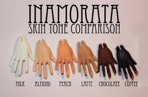 https://flic.kr/p/fnnHur | Inamorata Skin Tone Comparison | Updated list of Inamorata skin tones. From left to right: Milk (not released yet) Almond (featured in Anemone OOAK) Peach (Inro LE40, Craie OOAK) Latte (not released yet) Chocolate (Aimant OOAK, Grés OOAK, Cherub LE20, Seraph LE20) Coffee (Masai OOAK, Gamut OOAK) Almond Skin Tone, Coffee Milk, Chocolate Coffee, Anemone, Skin Tone, Skin Tones, Almond, Milk, Shades