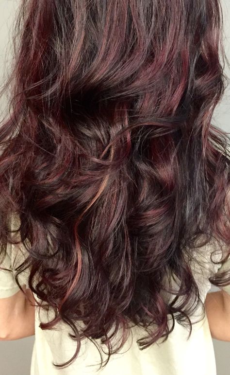 Love my new magenta deep red highlights!! Carmel color will show through soon :) Dark Brown Hair With Cherry Cola Highlights, Cherry Coke Highlights On Brown Hair, Red Highlights In Brown Hair Wavy, Dark Red Highlights Curly Hair, Black Hair Red Highlights Curly, Deep Red Highlights On Dark Hair, Hair Tues, Brown Curly Hair With Red Highlights, Brown Hair With Dark Red Highlights