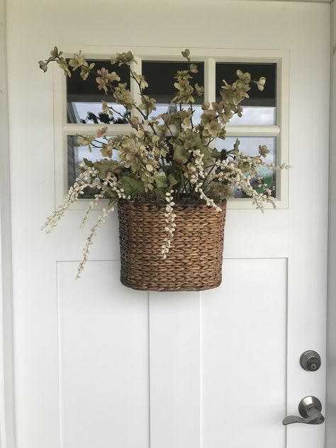 Hanging Front Door Flower Basket Front Foor Wreath, Front Door Hanging Basket Woven, Door Basket For Fall, Hanging Flowers Basket, Hanging Front Door Basket, Basket Front Door Wreath, Front Door Arrangements, Hanging Basket Door, Basket Wreaths For Front Door Fall