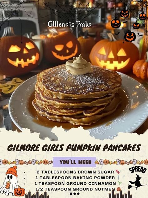 Nouna's Kitchen | Gilmore Girls Pumpkin Pancakes Recipe 🎃🥞✨ | Facebook Gilmore Girls Pumpkin Pancakes, Gilmore Girls Pumpkin, Pumpkin Pancakes Recipe, Pumpkin Pancake Recipe, Cozy Breakfast, Pumpkin Pancakes, Sweet 15, Ground Nutmeg, Pancake Recipe