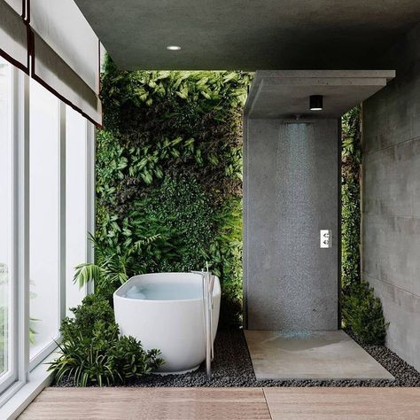 Spa Bathroom Plants Master Bath, Instagram Bathroom, Bilik Air, Stunning Bathrooms, Bathroom Goals, Outdoor Bathrooms, Toilet Design, Bathroom Spa, Bathroom Design Luxury