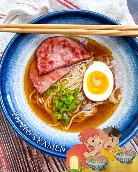 Ponyo Ramen Recipe, Ponyo Ramen Bowl, Pork Onigiri, Ponyo Food, Ramen Ideas, Ponyo Ramen, Anime Recipes, Miso Pork, Ghibli Food