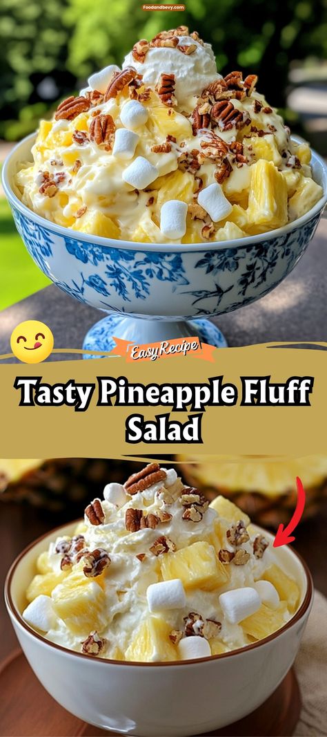 Pineapple Fluff Salad via @recipesforfamily12 Pineapple Cheese Salad Recipes, Pineapple Healthy Dessert, Pineapple Marshmallow Salad, Christmas Fluff Salad, Crushed Pineapple Recipes Desserts, Pineapple Fluff Salad, Recipes With Pineapple, Fresh Pineapple Recipes, Marshmallow Salad