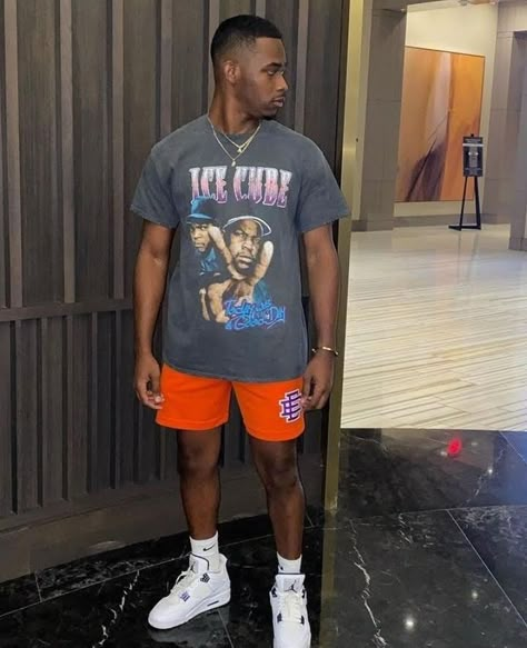 Shorts And Jordans Outfit Men, Orange Shorts Outfit Men, Blue Shorts For Summer Streetwear, Streetwear Men Outfits Summer, Shorts Outfits Men Streetwear, Orange Shorts For Summer Streetwear, Eric Emanuel Shorts Outfit, Men Outfits Summer, Orange Shorts Outfit