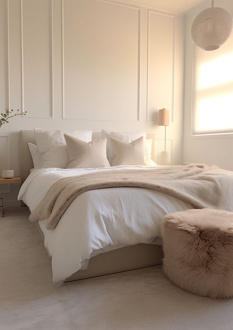 How to Choose the Perfect End-of-Bed Bench According to Experts I BY Design & Viz Bedroom Decor Clean, Clean Aesthetic Bedroom, Bedroom Inspirations Neutral, Neutral Tones Bedroom, Teenage Bedroom Decorations, Neutral Tone Bedroom, Beige And Grey Bedroom, Neutral Bedroom Decor Ideas, Bedroom Decor Neutral