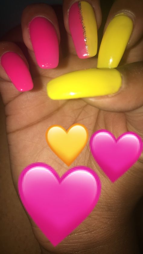 Hot Pink And Neon Yellow Nails, White French Tips With Glitter, Yellow And Pink Nails, French Tips With Glitter, Pink And Yellow Nails, Drag Nails, Press On Nails Black, White French Tips, Metallic Nails Design