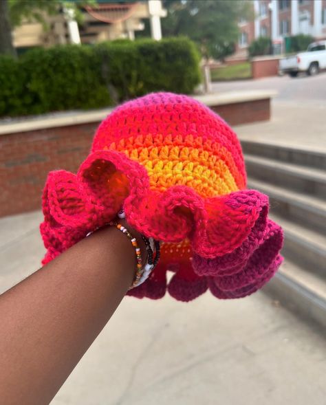 These hats are just too perfect! 😍 Come out to FAMU’s Set Friday to get yourself a Kendall Tai Design, just in time for the warm weather ☀️ It’s my last one of the semester! Can’t make it? Message me to place an order! 😊 Bucket hats are $35, ruffle hats are $45, and hats in the bin start at $15. Follow @kendalltaidesign for more. #crochet #crochetersofinstagram #crochetbuckethat #crochetrufflehat #crochetbeanie #crochetmarket #setfriday #famu #tallahassee Crochet Hat With Ruffles, Ruffle Hat Crochet, Ruffle Bucket Hat Crochet, Ruffle Crochet Hat, Ruffled Bucket Hat Crochet, Crochet Fits, Ruffle Hat, Scrap Yarn Crochet, Crochet Ruffle