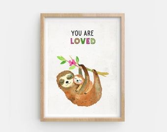 Sloth decor | Etsy Sloth Nursery, Lyrics On Canvas, Wall Art Tutorial, Baby Animal Art, Sloth Art, Printable Nursery Art, Playroom Wall Art, Nursery Animal Prints, Kids Room Wall Art