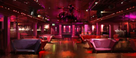 Barcelona Nightclub by atomhawk.deviantart.com on @DeviantArt Night Club Concept Art, Cyberpunk Setting, Cyberpunk Background, D20 Modern, Club Lighting, Restaurant Concept, Landscape Concept, Cyberpunk City, City Illustration