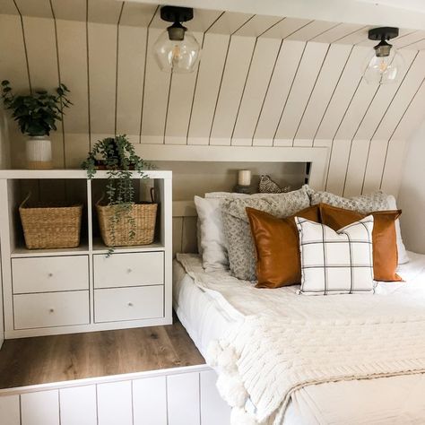 Remodeled Rv Bedroom, Rv Loft Bed Remodel, Rv Master Remodel, Small Rv Bedroom Remodel, Camper Bedrooms Ideas, Travel Trailer Bedroom Remodel, Rv Master Bed, Rv Master Bed Remodel, Rv Bookshelf