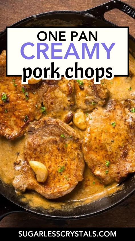 Elevate your dinner game with our Easy One-Pan Creamy Garlic Pork Chops recipe. Perfect for a 30-minute dinner, these tender pork chops are seared and then simmered in a velvety garlic cream sauce. This quick pork chop meal is not only delicious but also a breeze to prepare and clean up. Ideal for family dinners, this simple pork chop dinner will become a staple in your recipe collection. Enjoy the rich flavors and ease of this comfort food recipe tonight. Pork Chop Pan Sauce, No Less Pork Chop Recipes, Pork Chop Recipes Skillet, Porkchops Dinner Ideas Easy Recipes, Porkchops Dinner Ideas, Pork Chop Meals, Creamy Garlic Pork Chops, Bone In Pork Chop Recipe, Center Cut Pork Chop Recipes