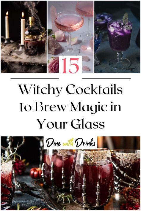 Collage of 4 witchy cocktails. Fancy Halloween Cocktails, Witch Cocktail Recipe, Halloween Party Beverages, Tarot Card Cocktails, Classy Halloween Cocktails, Witch Themed Drinks, Witchy Alcoholic Drinks, Spooky Mock Tails, Halloween Themed Cocktail Recipes