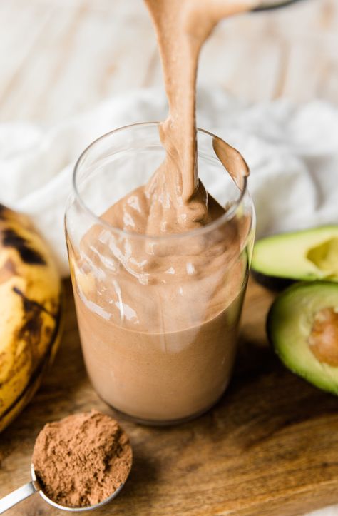 This Dairy-Free Chocolate Avocado Protein Shake is super thick and creamy! It tastes like soft serve ice cream, but it's made with nourishing ingredients that will keep you full and satisfied for hours. Lime Pudding, Paleo Lemon Cookies, Pumpkin Pie Protein Shake, Avocado Protein, Smoothie Avocado, Healthy Banana Recipes, Chocolate Avocado Smoothie, Protein Shake Recipe, Pumpkin Pie Protein