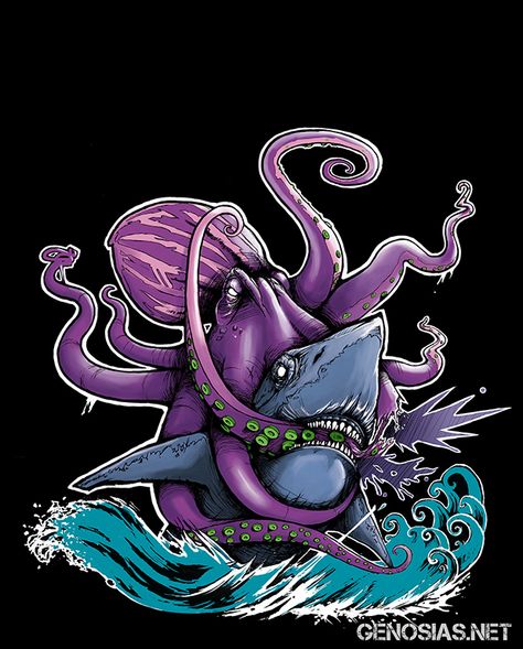 Shark vs Octopus | Octopus Vs shark by genosias on deviantART Wrist Tattoo Cover Up, Batman Tattoo, Shark Design, Tattoo Cover-up, Prehistoric Animals, Metal Band, Band Shirts, Japanese Tattoo, Wrist Tattoos