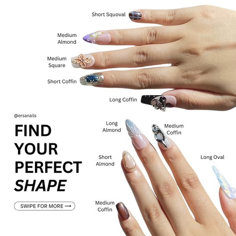 Which shape girlie are you? 👀💕 If you are still struggling to find your perfect nail shape, we got you!!! 🤩Introducing Ersa Nails Shape Guide, featuring 10 different nail shape. Let us know which one is your fav in the comment!!🥰 Shop now on ersanails.com✨ #pressonnails #pressons #nailshapes #nailsshape Multi Shaped Nails, Perfect Nail Shape, Nails Shape, Different Nail Shapes, Nail Shapes, Perfect Nails, Nail Artist, Nail Design, Fun Nails