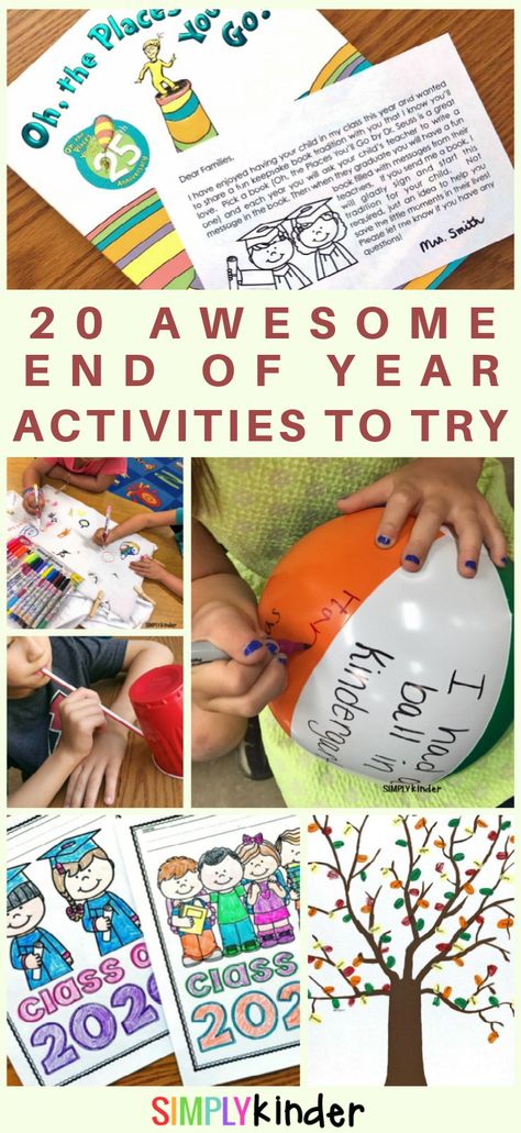 A great list of end of awesome school year activities for kindergarten kids. Click through for easy prep FUN with free printables, memory books, games, and more! #endofyear #kindergarten