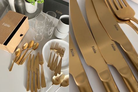 Review: Fable Home Goods Ceramic Dinnerware | "MODERNMIXVAN" for 10% Off Fable Dinnerware, Ceramic Dishware, Black Cutlery, Black Flatware, Gold Cutlery, Modern Dinnerware, Gold Flatware, Farmhouse Kitchen Design, Small Spoon