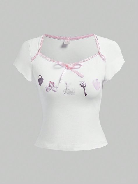 ROMWE Kawaii Vintage Style Realistic Bowknot Decorated Pure T-ShirtI discovered amazing products on SHEIN.com, come check them out! Romwe Kawaii, Daycare Attendant, Coquette Clothing, Kawaii Vintage, Fake Life, Korean Tops, Pink Girly Things, Fashion Design Clothes, Kawaii Fashion