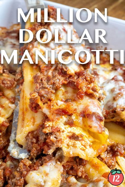 Million Dollar Manicotti | 12 Tomatoes Million Dollar Manicotti 12 Tomatoes, Million Dollar Manicotti Recipe, Manicotti Sauce Recipe, Stuffed Pasta Recipes Manicotti, Million Dollar Manicotti, Manicotti Noodle Recipes, Recipes With Manicotti Noodles, 3 Cheese Manicotti Recipe, Manicotti Recipe Beef