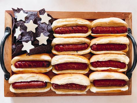 Hot Dog 4th Of July, Flag Charcuterie Board, Olympics Food, White Charcuterie Board, Olympic Snacks, Blue Charcuterie Board, Blue Tortilla Chips, 4th July Food, Olympics Party