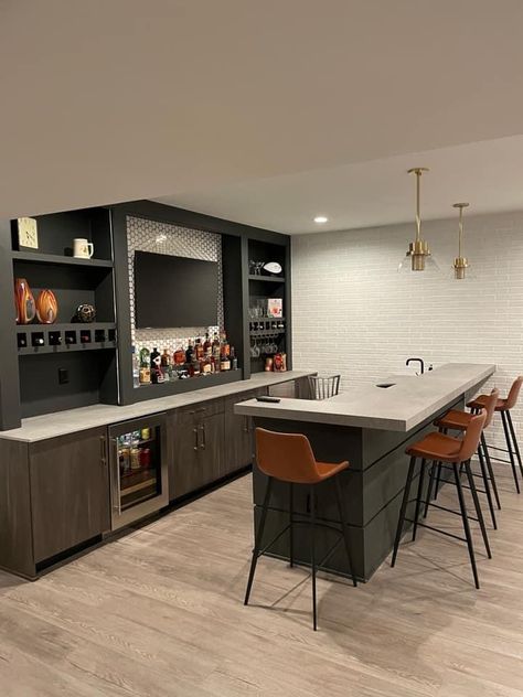 Basement Kitchen Modern, Modern Basement With Bar, Small Bars In Basement, Basement Kitchen Ideas With Bar, Full Bar In House, Bar Island Ideas Basement, Basement Bar Flooring, Basement Back Bar, Finished Basement Bars Modern