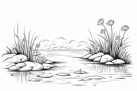 how to draw a pond Pond Drawing Simple, Windows Drawing, Pond Drawing, Landscape Drawing Easy, How To Draw Anything, Grass Drawing, Window Drawing, Decorative Window Film, Kindle Cover