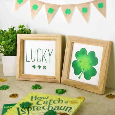 PRICES MAY VARY. PACKAGE INCLUDES: You will get a St Patricks Day tiered tray decor wood frame set. Including 1 piece of wood frame sign with four leaf clover printed card, 1 piece of wood frame sign with "LUCKY" and 3 shamrocks printed card. The back of frames has 4 handy slot designs to change the pictures. Adding a lucky festive atmosphere for your room kitchen decor. SUITABLE SIZE: 8 × 8 × 0.7 inches wooden frame with a hanger installed on the back. Perfect to hang on the wall or decorate yo St Patricks Day Table, Kitchen Coffee Bar, Rustic Farmhouse Table, Frame Sign, Home Office Kitchen, Coffee Bars In Kitchen, Lucky Shamrock, St Patrick's Day Decorations, Wood Frame Sign