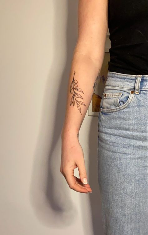 Simple Greece Tattoo, Olive Branch Line Tattoo, Forearm Plant Tattoo, Branch Forearm Tattoo, Olive Branch Tattoo Forearm, Olive Leaves Tattoo Design, Fine Line Olive Branch Tattoo, Olive Branch Tattoo Design, Tattoo Olive Branch