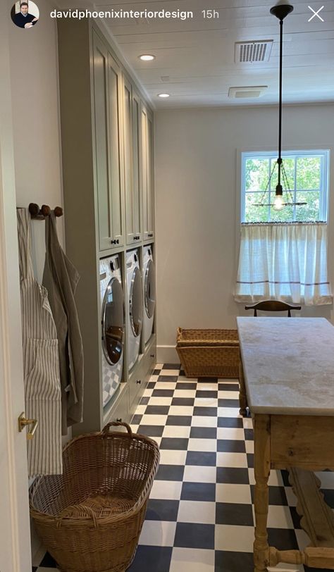 Jake Arnold Laundry Room, Modern Country Apartment, Checker Floor Laundry Room, Mudroom Gym Combo, Laundry Room Checkered Floor, Checkered Floor Laundry Room, Colonial Laundry Room, French Laundry Room, Sivan Ayla