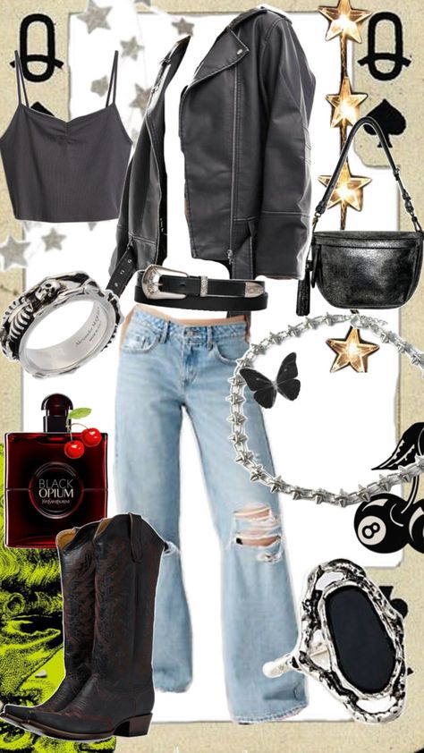 Click to shop, grungy biker chic styled look, 90s grunge, outfit inspiration, fall 2024 trends, fall 2024 outfit inspiration Retro Biker Style, Outfits Biker, Grunge Outfit Inspiration, Biker Chick Style, Biker Chick Outfit, Chick Outfit, Rockstar Aesthetic, Grunge Outfit, Biker Chic