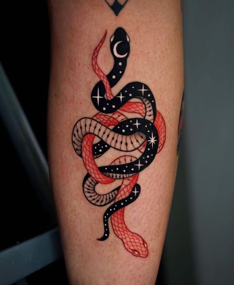 17 Witchy Tattoo Ideas for Your Next Ink - Spiritvibez Two Snake Tattoo Design, Colorful Snake Tattoos For Women, Halloween Snake Tattoo, Snake Knee Tattoos Women, Snake Tattoo Red Ink, Hip Tattoos Women Snake, Snake Sleeve Tattoo Women, Serpent Tattoo Woman, Red Snake Tattoo Back