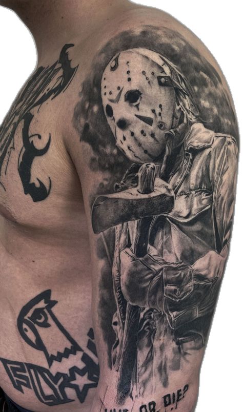 full healed/ horror/ Jason Voorhees Jason Vorhees Tattoo, Jason Voorhees Tattoo, Jason Tattoo, Jason Vorhees, Tattoo Skin, Scary Tattoos, Jason Voorhees, Skin Art, Body Mods