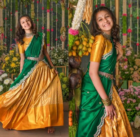 Half Saree Voni Models, South Indian Look Half Saree, Yellow Green Half Saree, Celebrities In Half Saree, Simple Half Sarees South Indian, South Indian Haldi Look, Orange Half Saree Color Combos, South Indian Half Sarees Traditional, Golden Half Saree