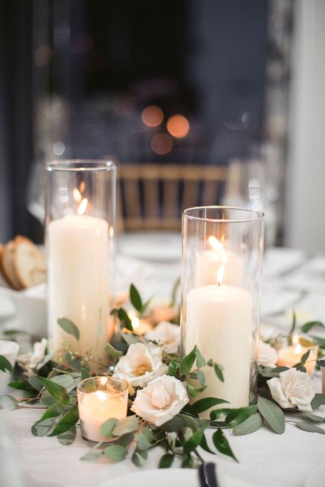 Elyse+Griffin by Amanda Meg Miller Photo at St Jane Hotel Sage Reception Tables, Round Tables With Greenery And Candles, Sage Green Wedding Table Setting, White Candles Centerpiece, Classic Wedding Decor, Jane Hotel, Megan Miller, Long Table Wedding, Hotel Photography